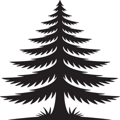 A silhouette of a tall evergreen tree with layered branches on a light beige background in simple style
