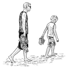 Sketch of young father with little son barefoot walking on beach, realistic hand drawn vector illustration
