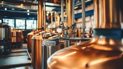 An interior view of a modern brewery showcasing shiny copper tanks and intricate piping, reflecting the artistry and precision involved in crafting fine beers.