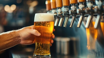 A poured glass of golden draft beer highlights the experience of enjoying a cold beverage; the atmosphere is engaging and vibrant with a focus on the beer's refreshment.