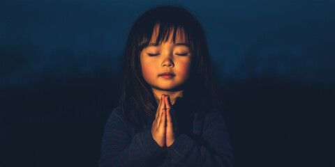Young Child Respectfully Praying in a Tranquil Evening Setting