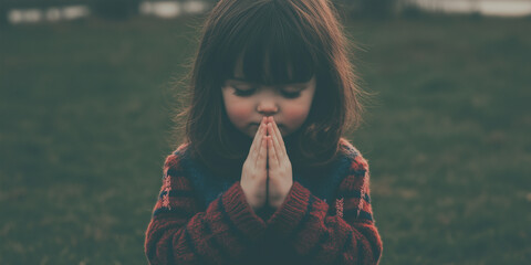 Child Prays Peacefully Outdoors in a Serene Natural Setting
