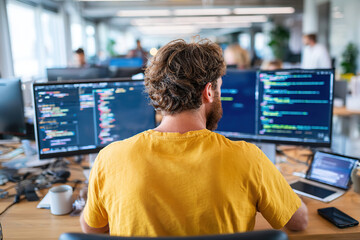 Working on coding tasks with dual monitors in a modern office environment
