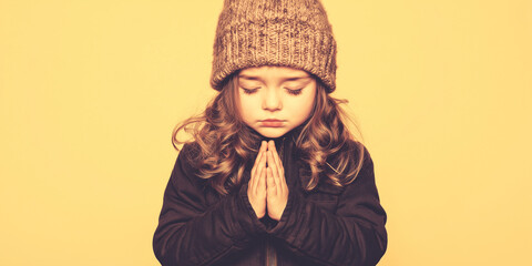 Young Child in Prayer Wearing Winter Hat with Peaceful Expression
