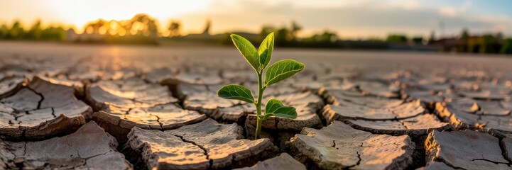Plant Growing Through Cracked Soil in Dry Area