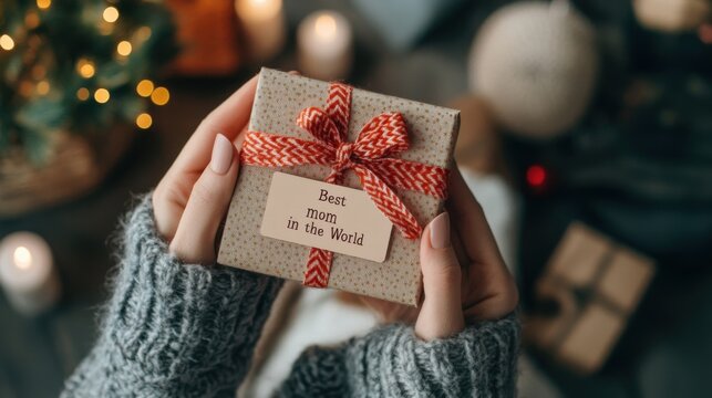A beautifully wrapped gift box with a red bow, designed for celebrating mothers on special occasions, conveying love and appreciation through thoughtful gestures.