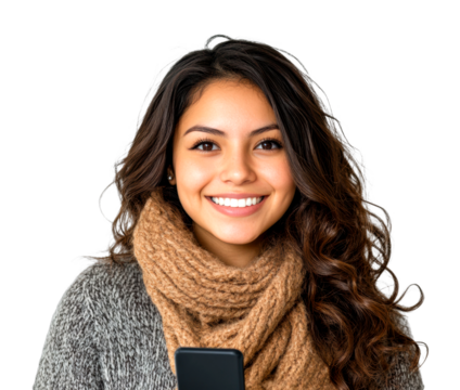 Smiling young woman holding smartphone indoor portrait casual attire bright isolated on transparent background