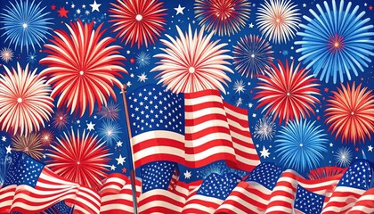 Bright Fourth of July celebration poster featuring patriotic fireworks, American flag, stars and stripes for national pride_USA Independance