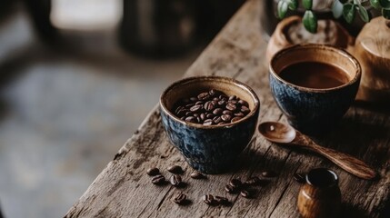 A cozy scene featuring a bowl of coffee beans next to a cup, capturing the essence of warmth and comfort, perfect for coffee lovers and artistic settings.