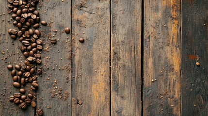 This close-up image showcases a rustic wooden table with scattered coffee beans and grounds, emphasizing the organic texture and rich colors of the coffee experience.