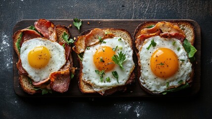 A beautiful presentation of three toasts topped with sunny-side-up eggs, crispy bacon strips, and fresh greens, perfect for a satisfying breakfast or brunch experience.