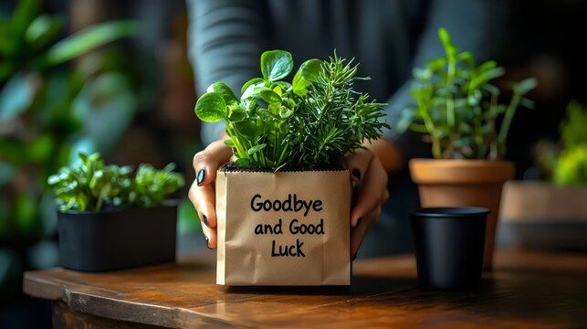 A thoughtful goodbye gift: A plant with a 'Goodbye and Good Luck' message.