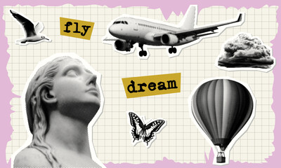 fly dream concept set with ancient statue head looks upward airplane seagull cloud air balloon butterfly isolated retro halftone dotted cut-out traveling collage elements design