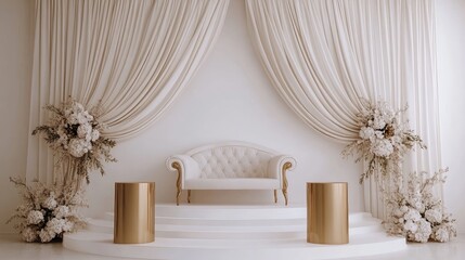 Elegant, cream-colored draped backdrop with floral arrangements and a plush sofa.