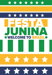 Festa Junina in Brazil. Brazilian festival. Happy holiday. Brazil flag. Carnival and parade. Summer fun party. Vector illustration