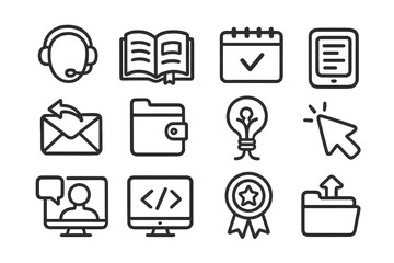Black and gray business icons: headset, calendar, email, lightbulb, badge, folder