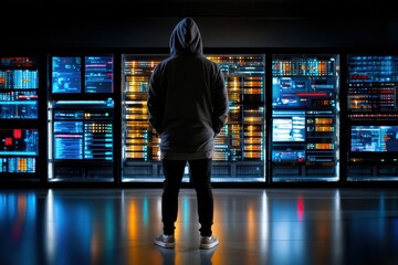 Naklejka premium Exploring the depths of a futuristic data center while immersed in the glow of technology