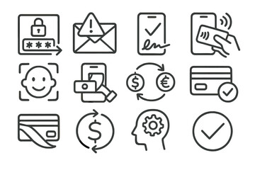 Fototapeta premium Digital icons representing security, transactions, facial recognition, and payment