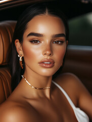 Beautiful tan model posing in vintage car showing makeup and jewelry