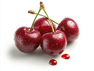 Four fresh cherries covered with water droplets on white background
