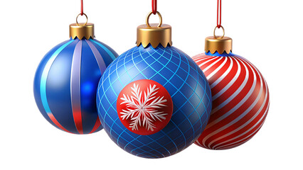 Festive christmas ornaments in blue and red color schemes with various decorations hanging