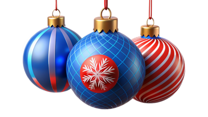 Festive christmas ornaments in blue and red color schemes with various decorations hanging