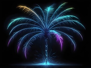 Ethereal glowing palm tree with neon-lit fronds in purple, blue, and green on black background, rendered in electrography Kirlian style art for mystical botanical imagery