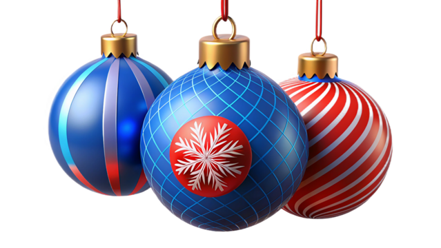 Festive christmas ornaments in blue and red color schemes with various decorations hanging