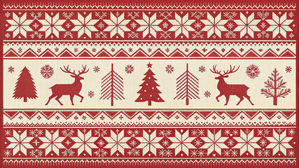 Festive knitted pattern design featuring reindeer christmas trees and snowflake elements for holiday season