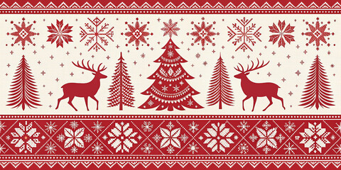 Festive red and white nordic christmas pattern with deer trees and snowflake motifs