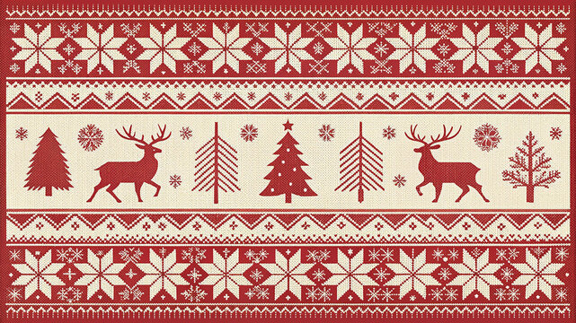 Festive knitted pattern design featuring reindeer christmas trees and snowflake elements for holiday season