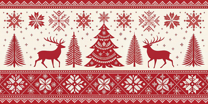 Festive red and white nordic christmas pattern with deer trees and snowflake motifs