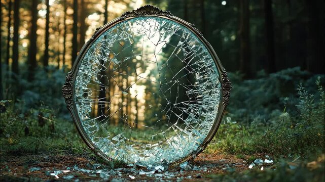 Transparent shattered glass sphere reflecting green forest in soft morning light. 