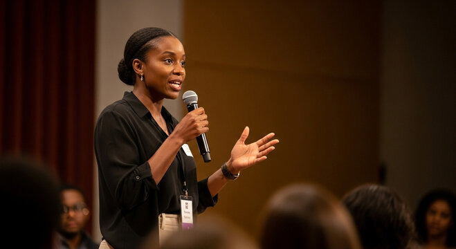 Confident Black woman speaking at indoor gender equality event
