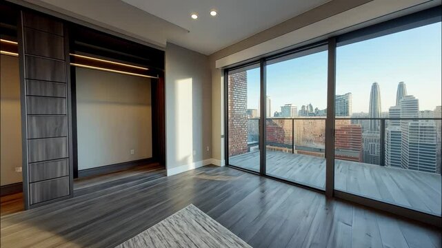 Stylish modern apartment living room with glass balcony overlooking the city. 