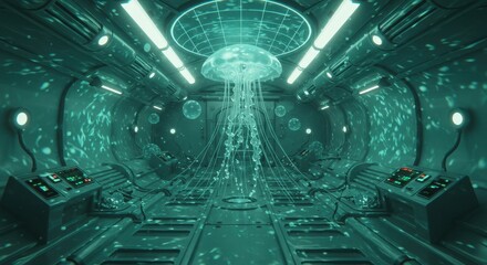 Fototapeta premium Abstract Jellyfish and Control Spheres Inside a Sci-Fi Submarine