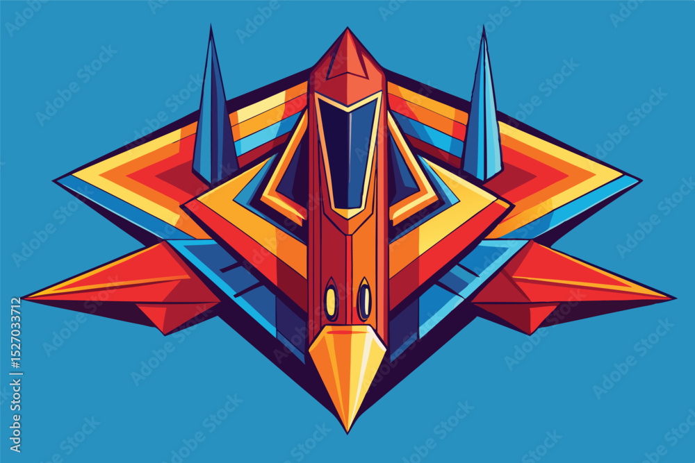 Aufkleber Red futuristic spaceship or aircraft design in a geometric vector illustration style isolated against a blue background for retro space exploration concepts