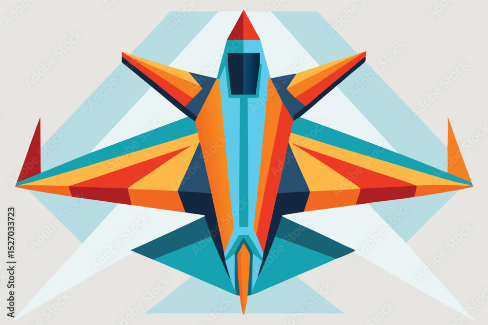 Poster Red futuristic spaceship or aircraft design in a geometric vector illustration style isolated against a blue background for retro space exploration concepts