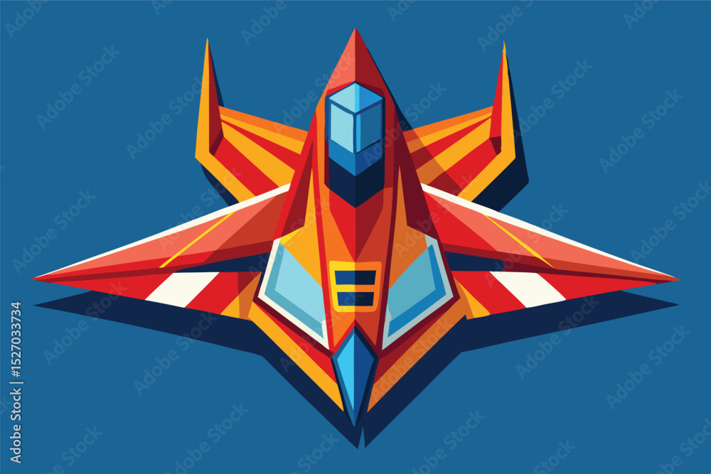 Poster Red futuristic spaceship or aircraft design in a geometric vector illustration style isolated against a blue background for retro space exploration concepts