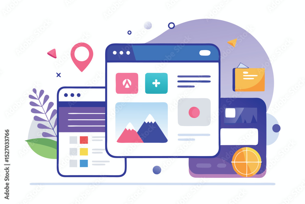 Poster Vector illustration of digital devices with different shapes and designs floating around the central tablet displaying image editing interface