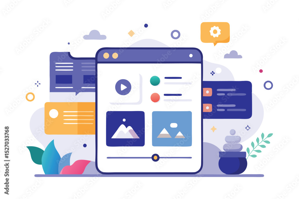 Aufkleber Vector illustration of digital devices with different shapes and designs floating around the central tablet displaying image editing interface