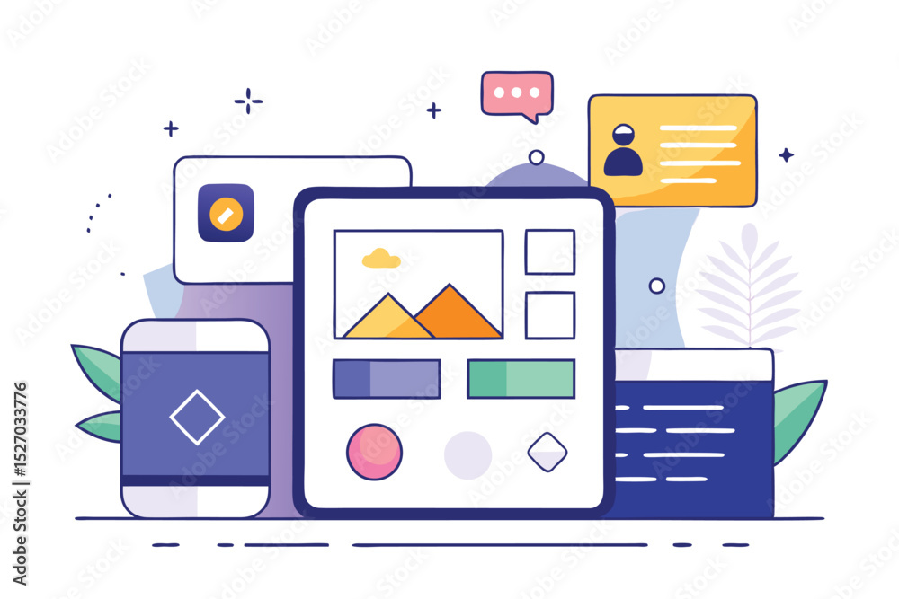 Aufkleber Vector illustration of digital devices with different shapes and designs floating around the central tablet displaying image editing interface