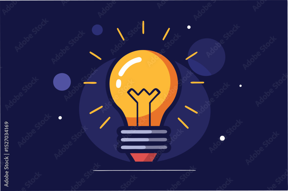 Poster Bright yellow lightbulb shining in the dark with leaves and sparkles representing a new idea or inspiration against a navy background