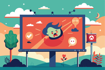 Billboard featuring a smiling woman with ideas in the city during the day and a person on the ground