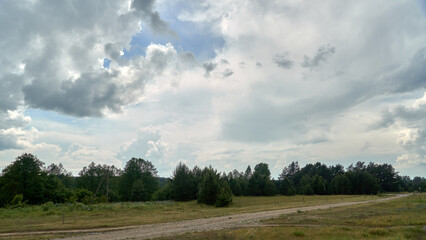An empty dirt road runs through an agricultural field against a background of clouds. An empty road with no cars in summer.