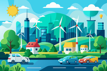 Naklejka premium City urban landscape with green eco transportation and modern architecture design