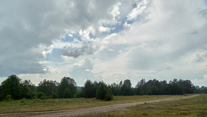 An empty dirt road runs through an agricultural field against a background of clouds. An empty road with no cars in summer.