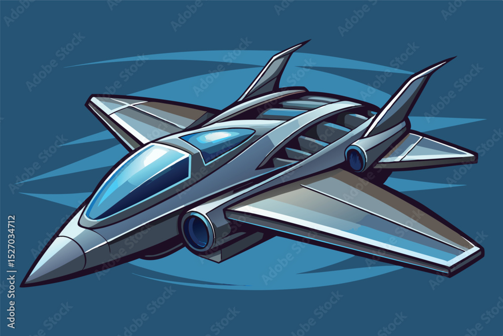 Poster silver fighter jet with wing spikes soaring in space, ready for action in the evening, futuristic sp
