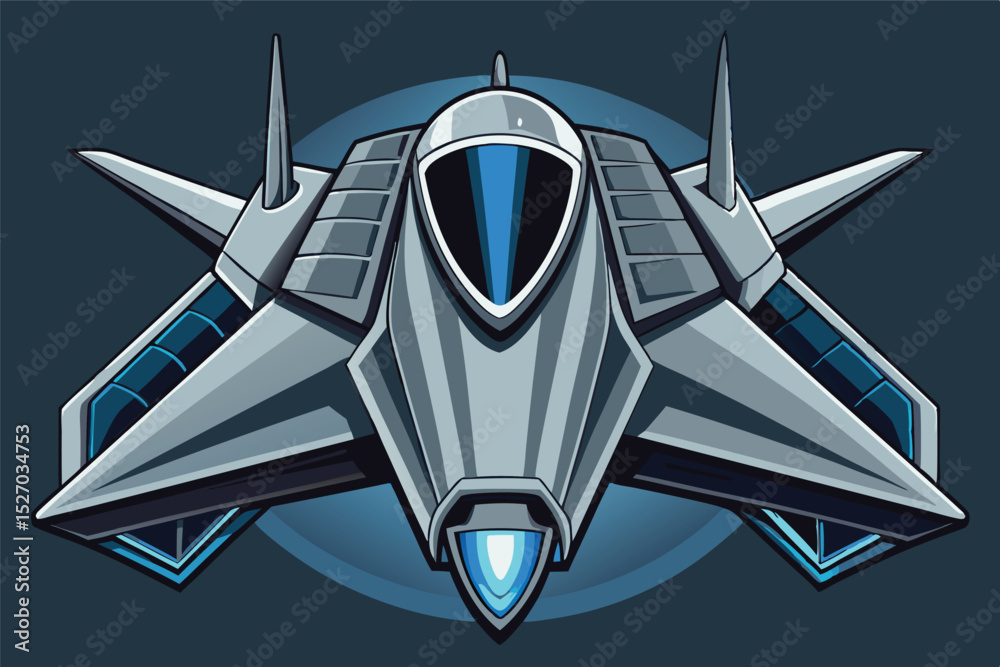 Poster silver fighter jet with wing spikes soaring in space, ready for action in the evening, futuristic sp
