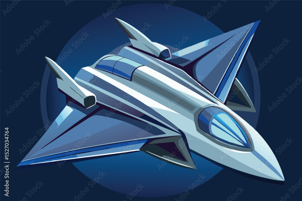 Poster silver fighter jet with wing spikes soaring in space, ready for action in the evening, futuristic sp